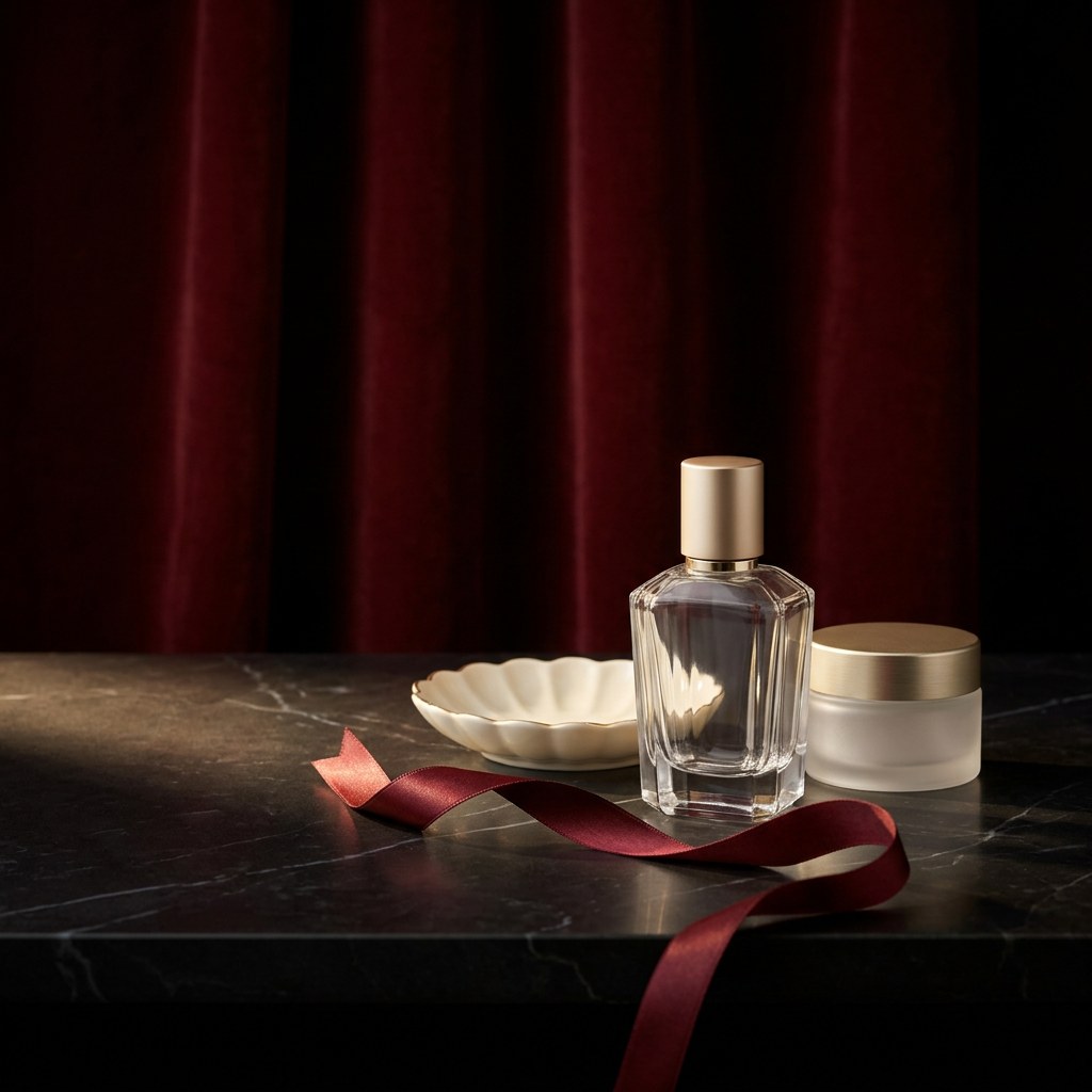 Unbranded glass flacon, frosted jar and scalloped porcelain dish on dark polished stone against oxblood velvet